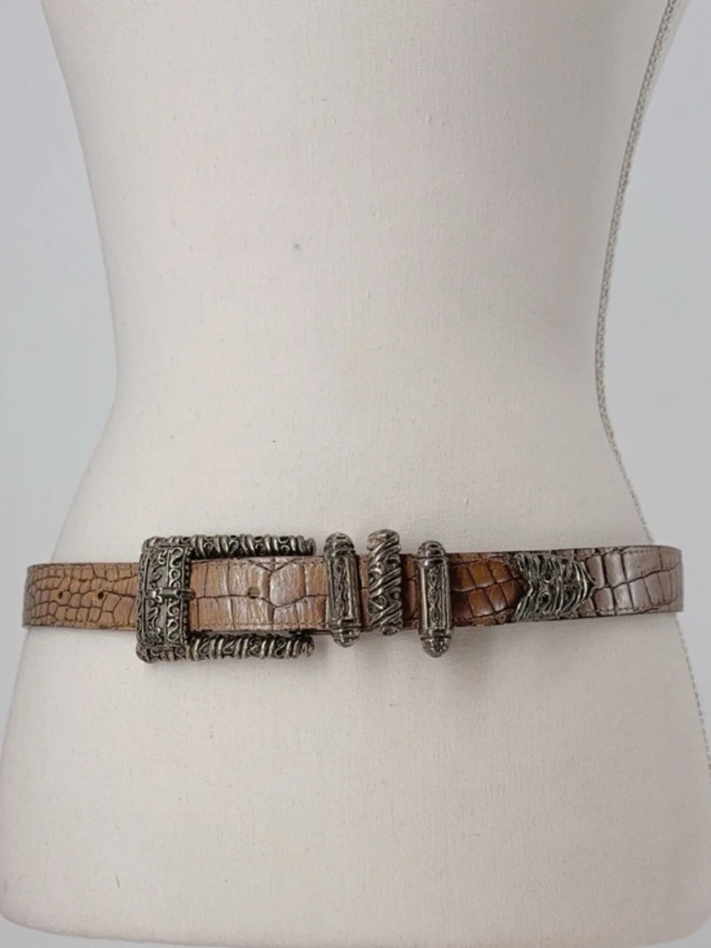 Street Ahead Vintage Croc Embossed Leather Belt Silver Statement Hardware L